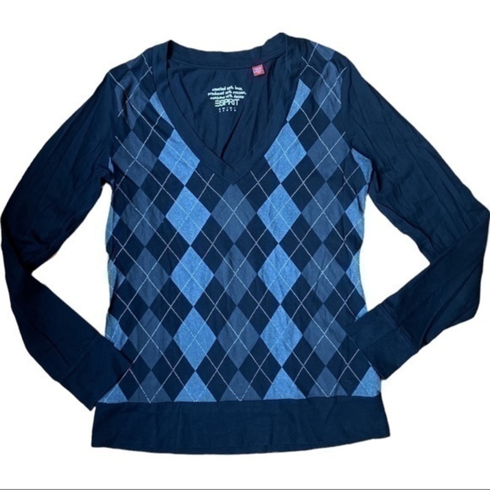 Esprit size small long sleeve argyle vneck top, Black white gray and white